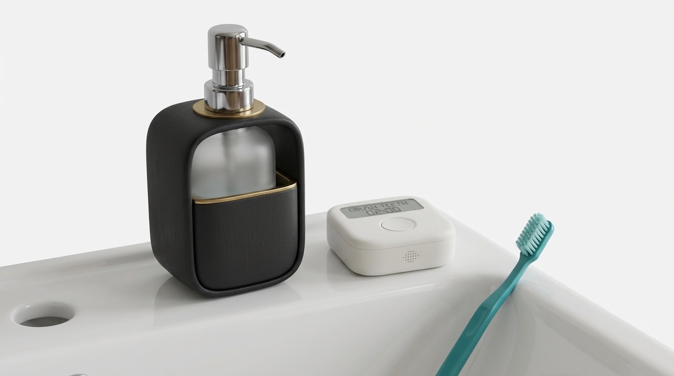 Pavclock resting on a bathroom counter next to a toothbrush