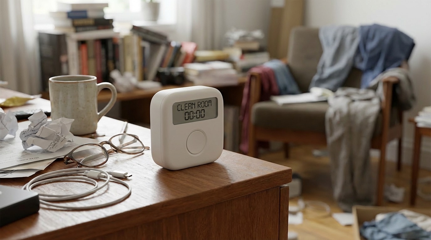 Pavclock on a table showing a clean room task in a lived-in home setting