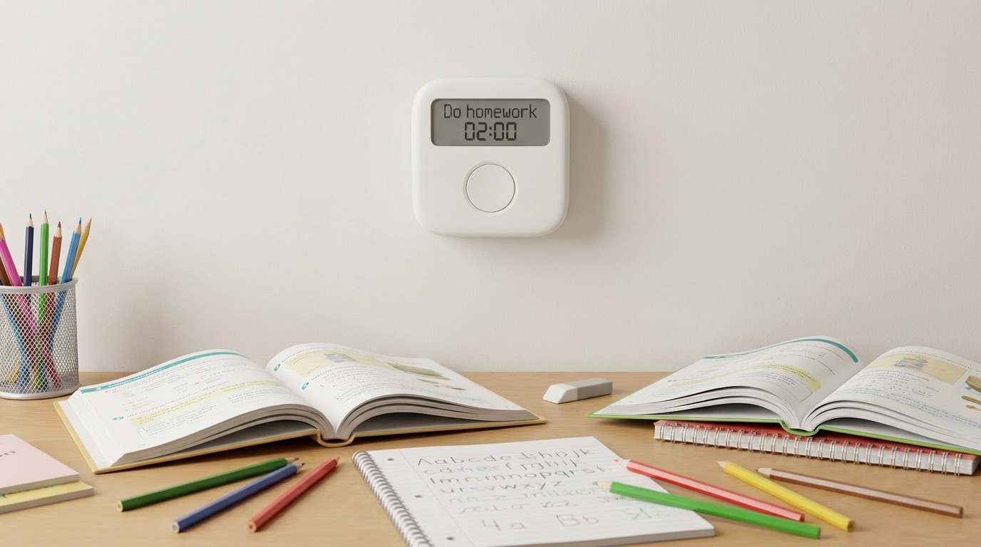 Pavclock mounted above a desk showing a homework task