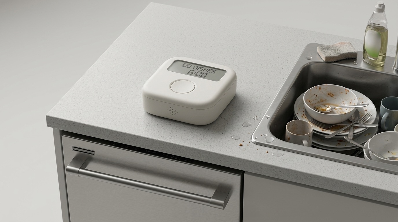 Pavclock on a kitchen counter showing a dishes task near a sink