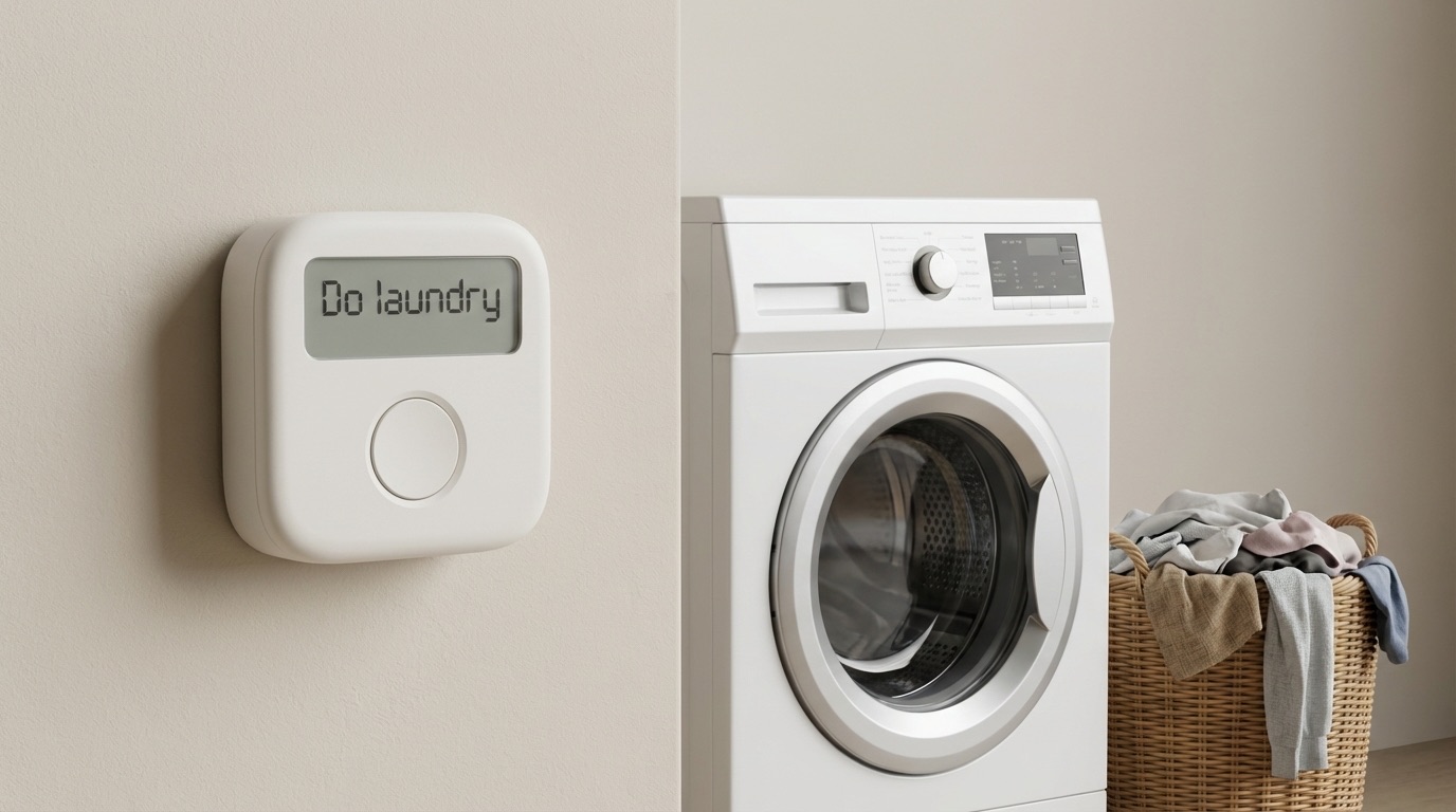 Pavclock displayed near a washing machine showing a laundry routine