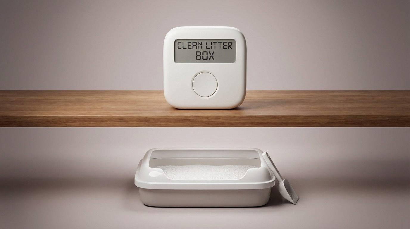 Pavclock showing a clean litter box task next to a litter box